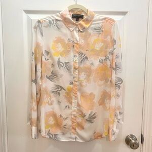 Banana Republic Floral Ivory Peach Yellow Gray Sheer Button Down Shirt Office S